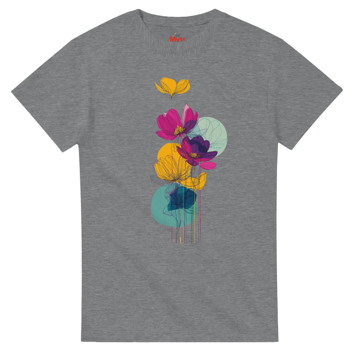 Gray t-shirt with colorful floral design on a white background
