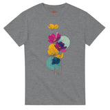 Gray t-shirt with colorful floral design on a white background