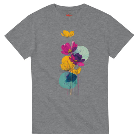 Gray t-shirt with colorful floral design on a white background