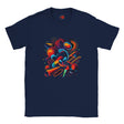 Navy blue t-shirt with colorful abstract design on a white background