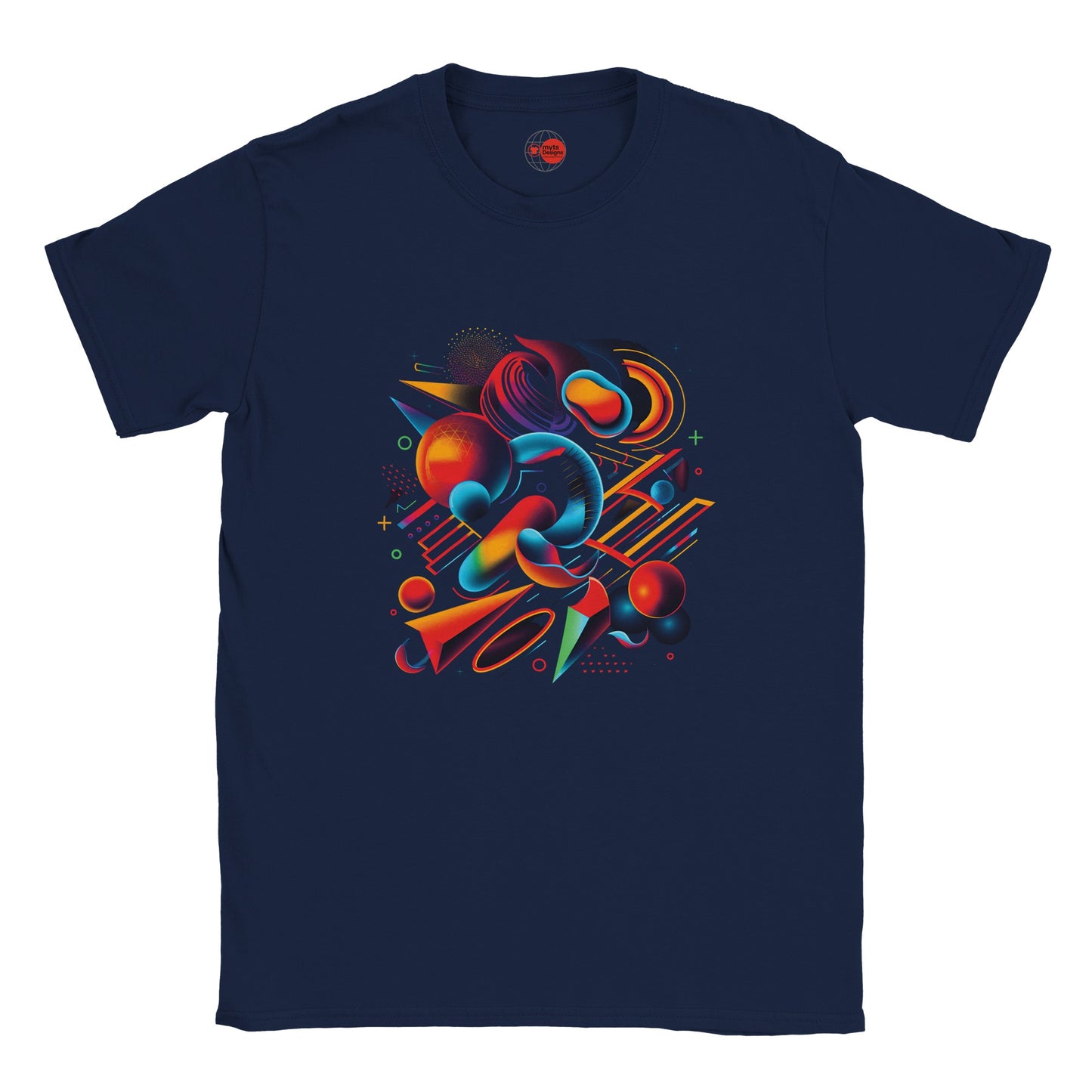 Navy blue t-shirt with colorful abstract design on a white background