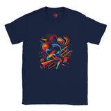 Navy blue t-shirt with colorful abstract design on a white background