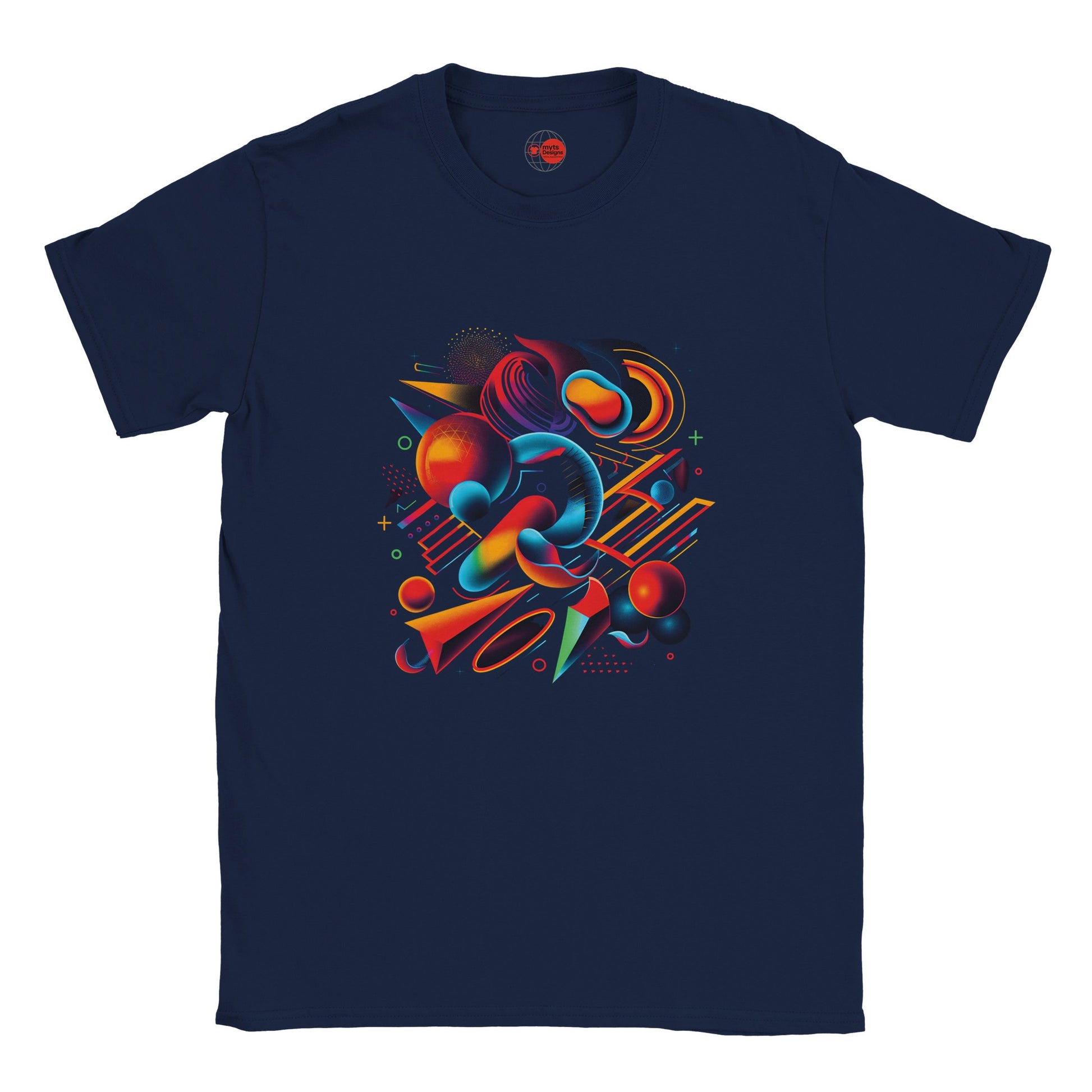 Navy blue t-shirt with colorful abstract design on a white background