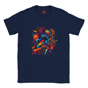 Navy blue t-shirt with colorful abstract design on a white background