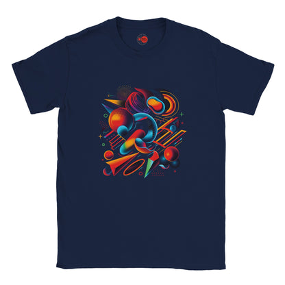 Navy blue t-shirt with colorful abstract design on a white background