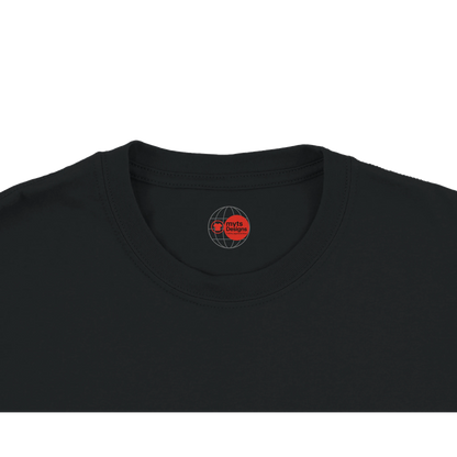 Black t-shirt with a red and white logo on the collar against a white background