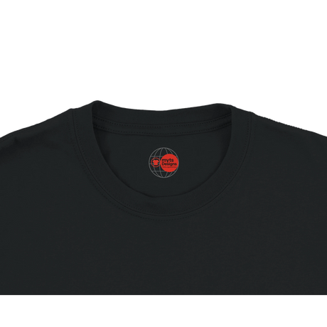 Black t-shirt with a red and white logo on the collar against a white background