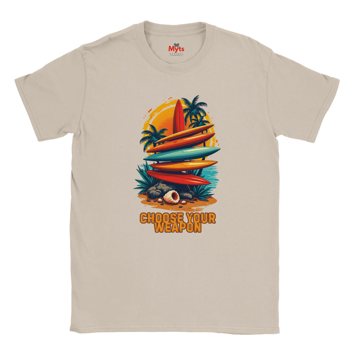 Natural t-shirt with a graphic design of surfboards and palm trees on a white background