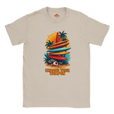 Natural t-shirt with a graphic design of surfboards and palm trees on a white background