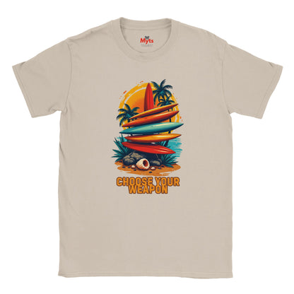 Natural t-shirt with a graphic design of surfboards and palm trees on a white background