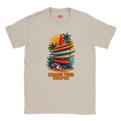 Natural t-shirt with a graphic design of surfboards and palm trees on a white background