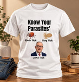 Front view of white crew-neck T-shirt featuring Know Your Parasites Australian political satire design.