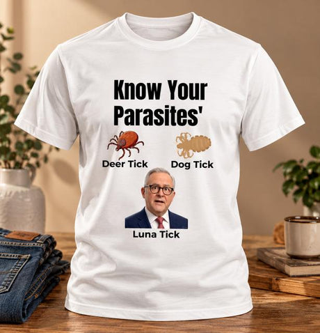 Front view of white crew-neck T-shirt featuring Know Your Parasites Australian political satire design.