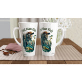 Two white ceramic coffee mugs with a printed illustration of an old man fishing and the text 'Old Man Fish', displayed on a checkered table mat on a wooden table.