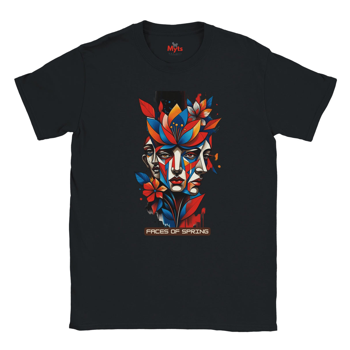 Black Faces of Spring T-shirt featuring colourful abstract geometric faces surrounded by red, blue and yellow flowers, leaves and expressive paint details.