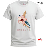 White crew-neck T-shirt featuring the UNBOUND pink hibiscus flower and minimalist navy and beige abstract design.