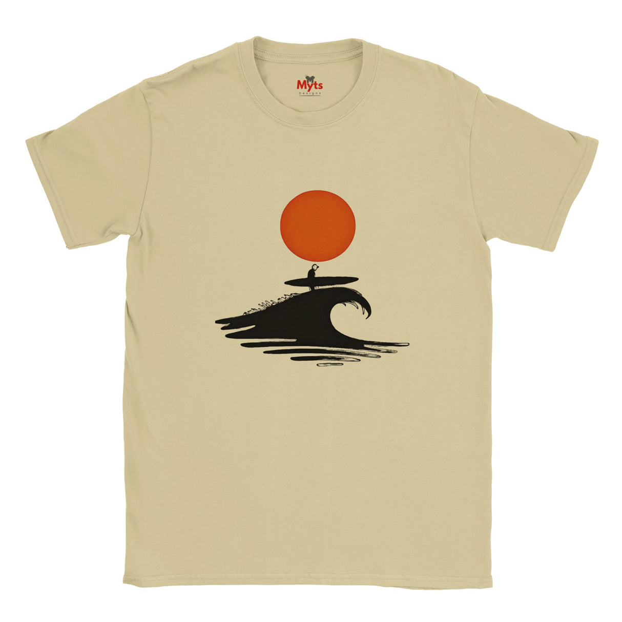 Sand t-shirt with a graphic design of a person on a wave under an orange sun, brand 'Myte' visible.