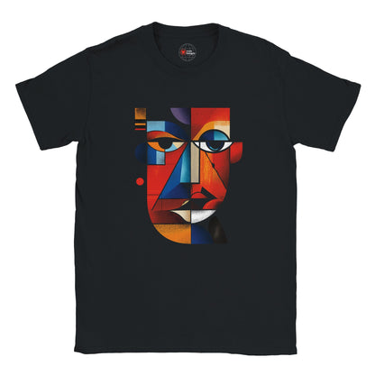 Black t-shirt with a colorful abstract face design on a white background
