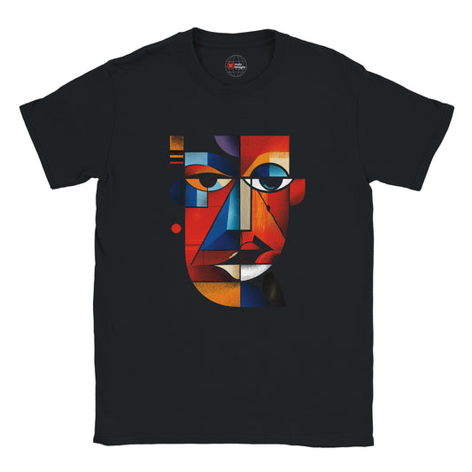 Black t-shirt with a colorful abstract face design on a white background
