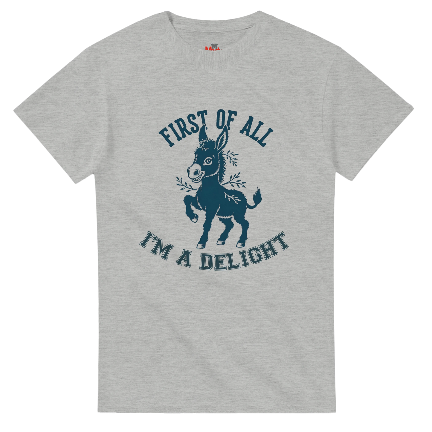 Ash t-shirt with a donkey graphic and text on a white background