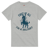 Ash t-shirt with a donkey graphic and text on a white background