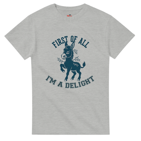 Ash t-shirt with a donkey graphic and text on a white background