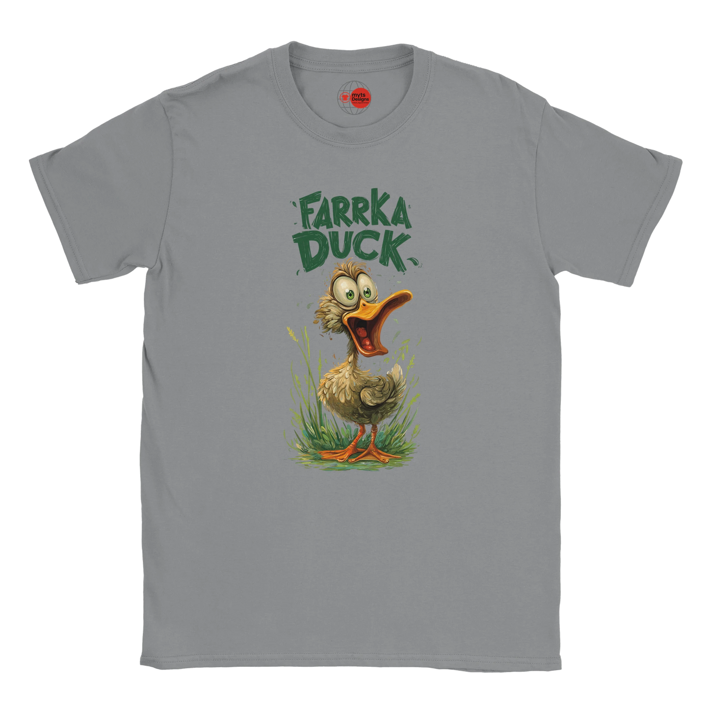 Gray t-shirt with a cartoon duck and 'Farrka Duck' text on a white background