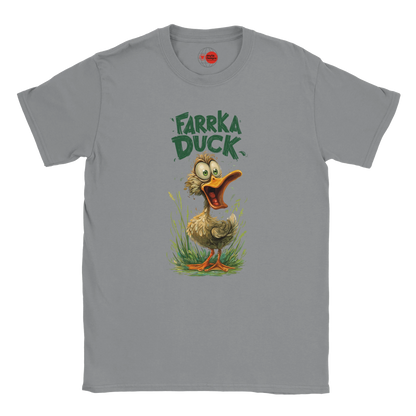 Gray t-shirt with a cartoon duck and 'Farrka Duck' text on a white background
