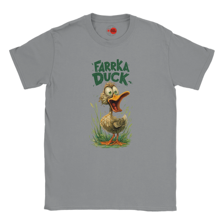 Gray t-shirt with a cartoon duck and 'Farrka Duck' text on a white background