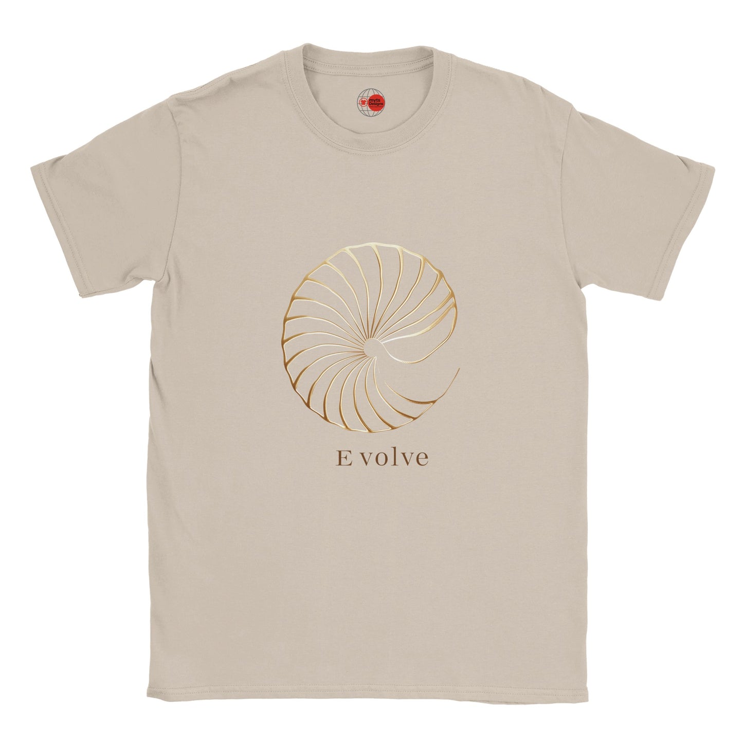 "Evolve graphic t-shirt in sand - front view on model"
