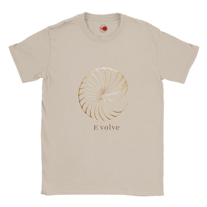 "Evolve graphic t-shirt in sand - front view on model"