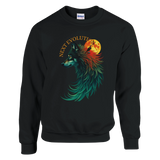 A black crewneck sweatshirt featuring a colorful graphic of a wolf in profile with a full moon behind it and the text 'NEXT EVOLUTION'. The Gildan brand tag is visible inside the collar.