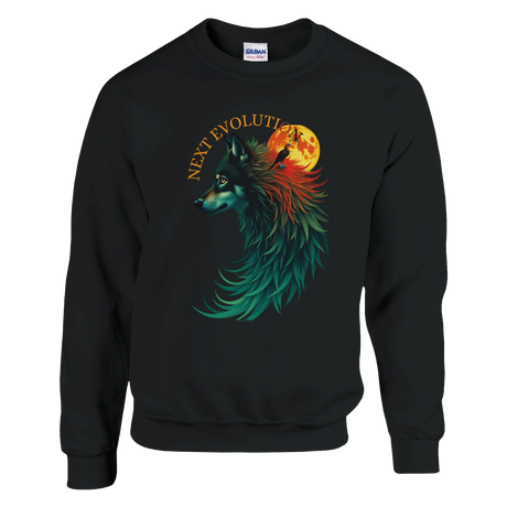 A black crewneck sweatshirt featuring a colorful graphic of a wolf in profile with a full moon behind it and the text 'NEXT EVOLUTION'. The Gildan brand tag is visible inside the collar.