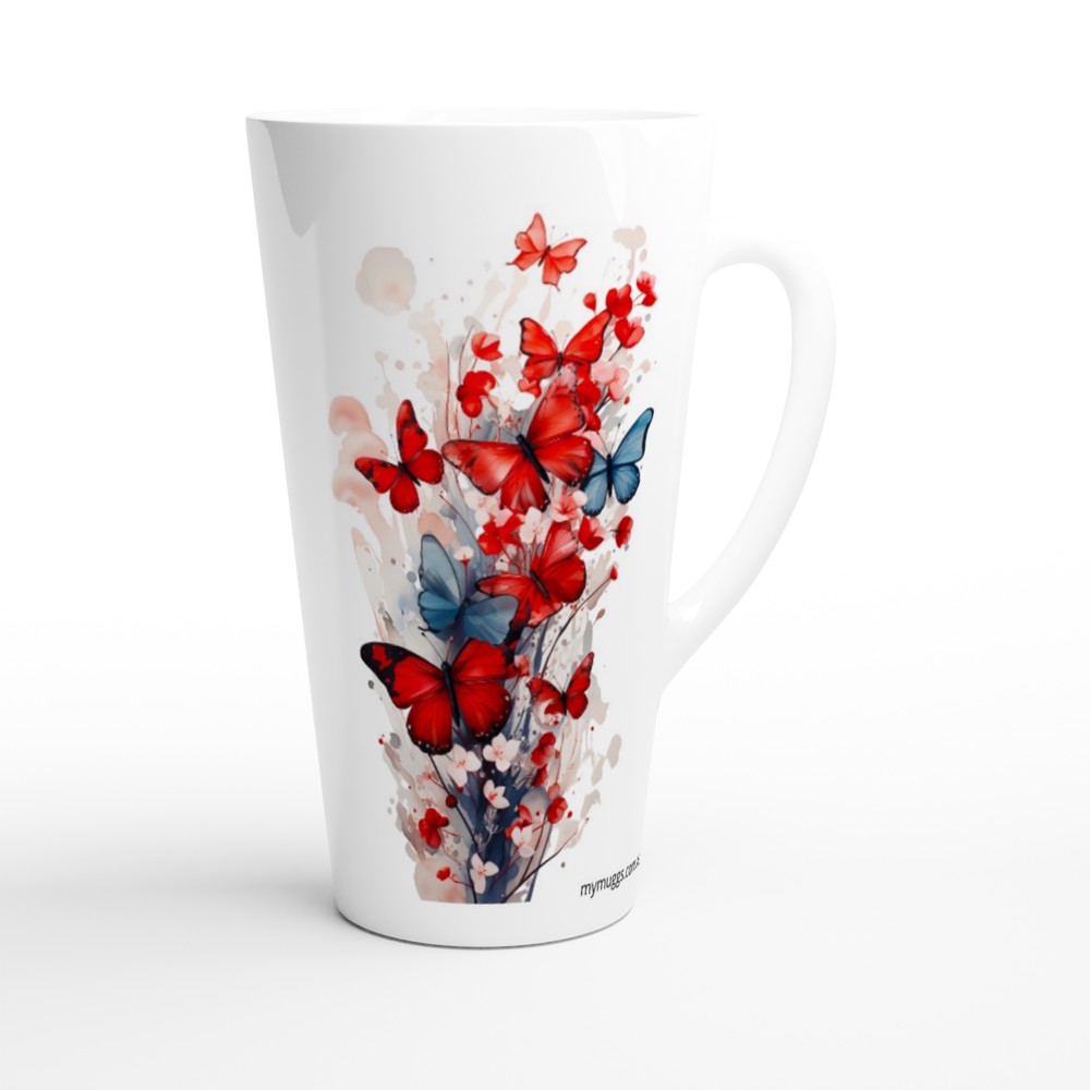 A white ceramic latte mug featuring a watercolor-style print of red and blue butterflies with splattered paint details, shown on a clean white background.