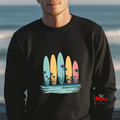 retro surfboard sweatshirt black beach sunset design