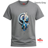 A grey short-sleeve t-shirt with a central graphic of a stylized face made of geometric shapes in blue, white, and beige. The text 'Sports Grey' is in the top right, and the 'Myts Designs' logo is in the bottom right corner.