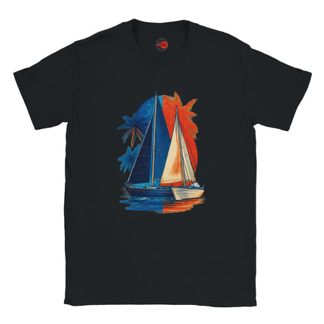 Black t-shirt with a colorful sailboat graphic on a white background