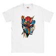 A white abstract two-face poppy T-shirt featuring colourful geometric portrait artwork in red, blue, yellow, black and cream.
