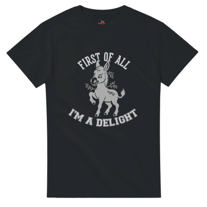 Black t-shirt with a white graphic of a donkey and text on a transparent background