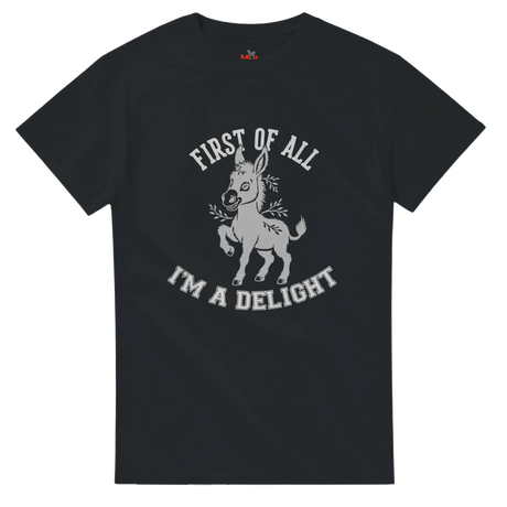 Black t-shirt with a white graphic of a donkey and text on a transparent background