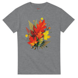 Gray t-shirt with a colorful leaf design on a white background