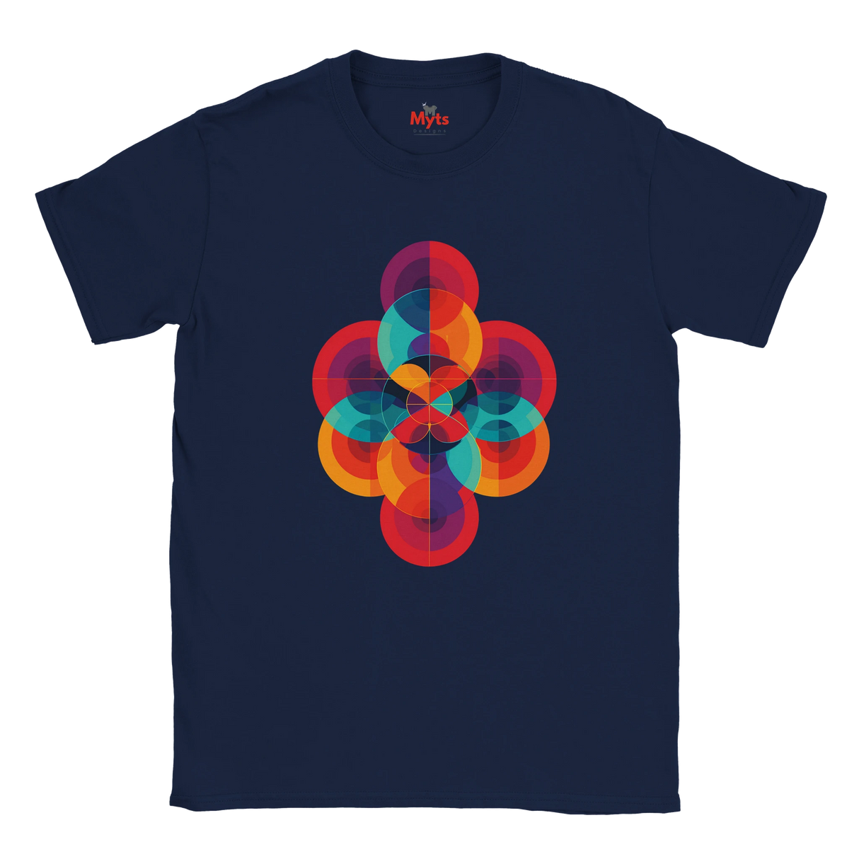 Navy blue t-shirt with a colorful geometric design on a white background