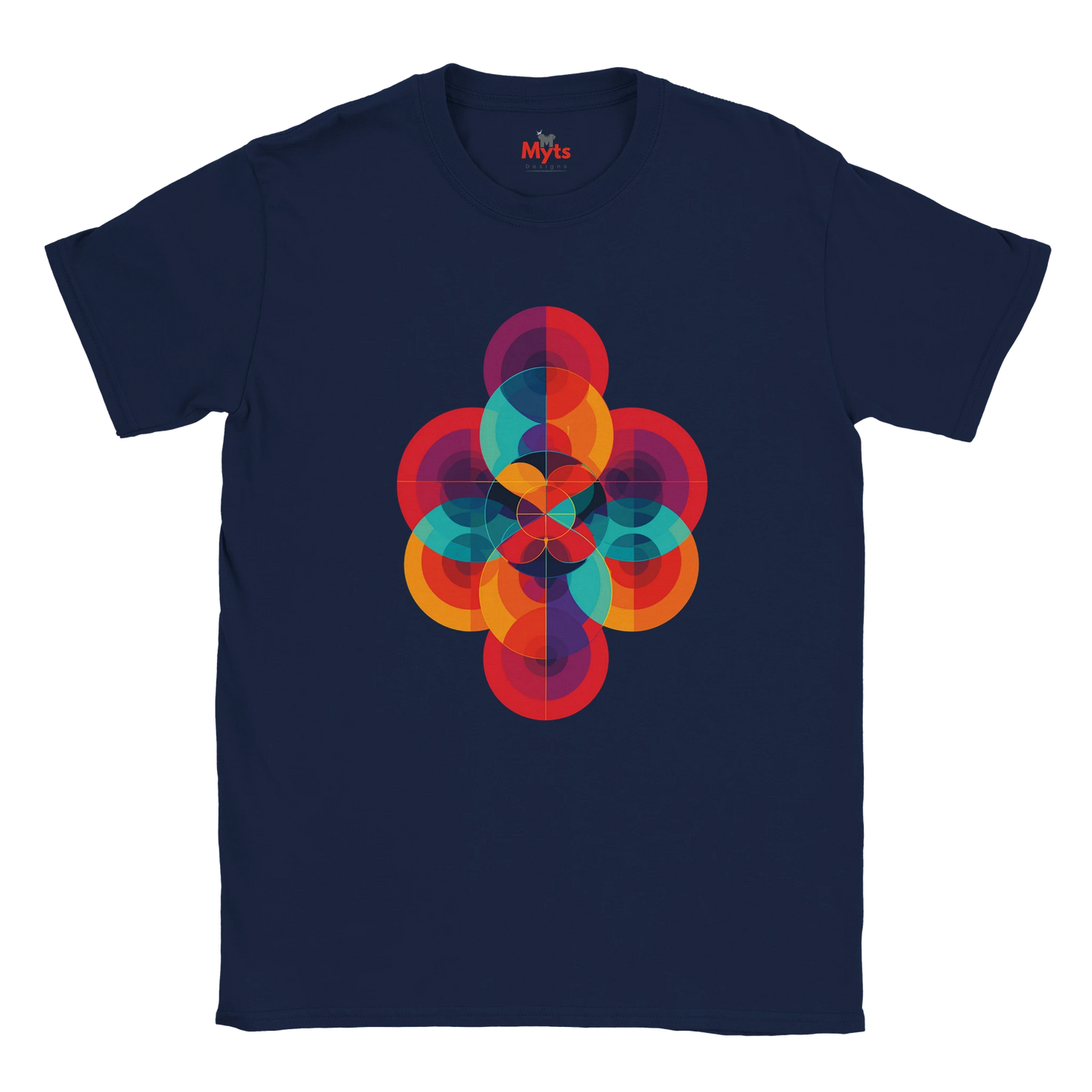 Navy blue t-shirt with a colorful geometric design on a white background