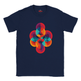 Navy blue t-shirt with a colorful geometric design on a white background