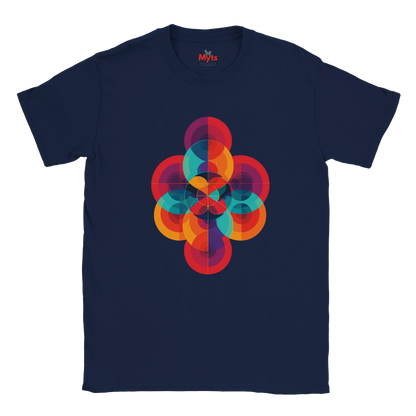 Navy blue t-shirt with a colorful geometric design on a white background