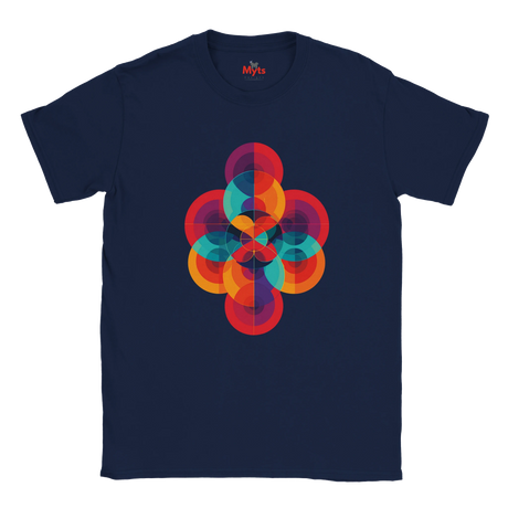 Navy blue t-shirt with a colorful geometric design on a white background