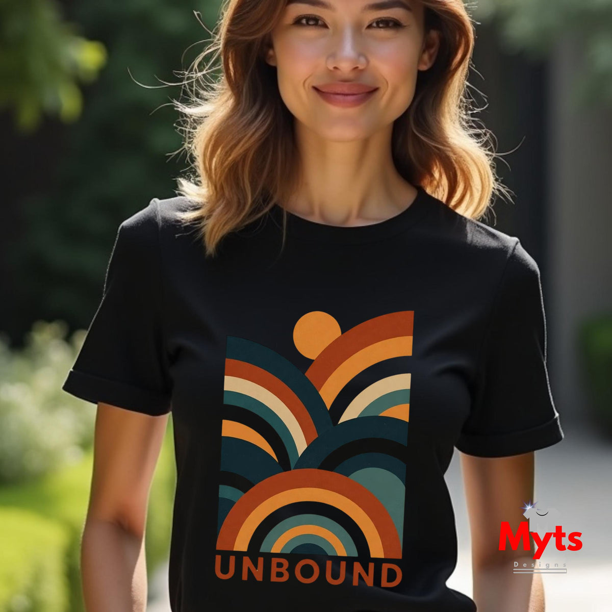 A woman wearing a black short-sleeve t-shirt with a retro 1970s-style multicolor graphic of arches and a sun, with the word 'UNBOUND' printed below it. The background is a blurred outdoor green setting.
