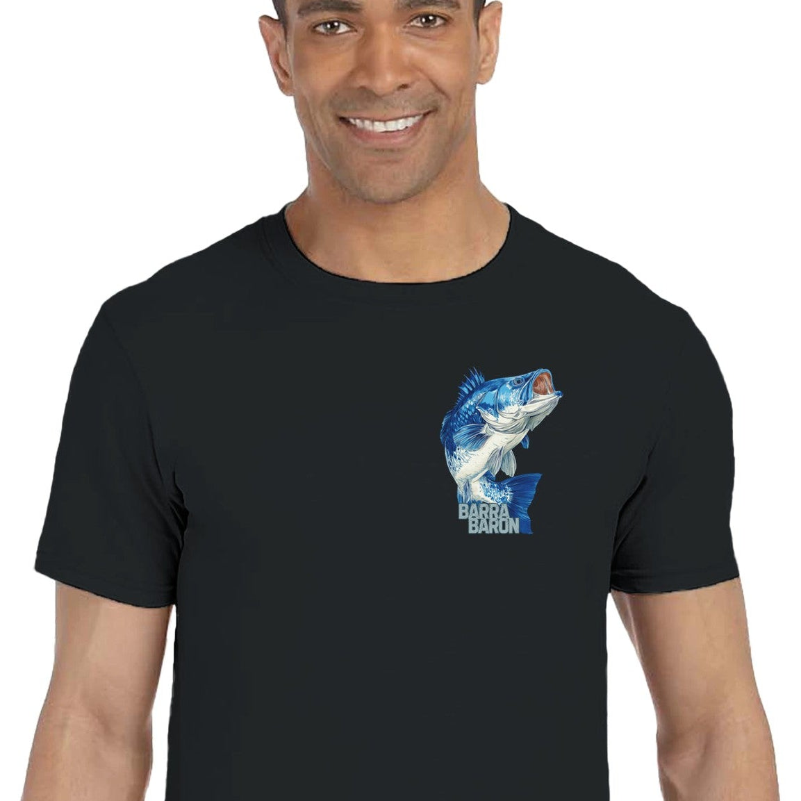 Man wearing a black t-shirt with a graphic design on a white background