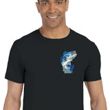 Man wearing a black t-shirt with a graphic design on a white background