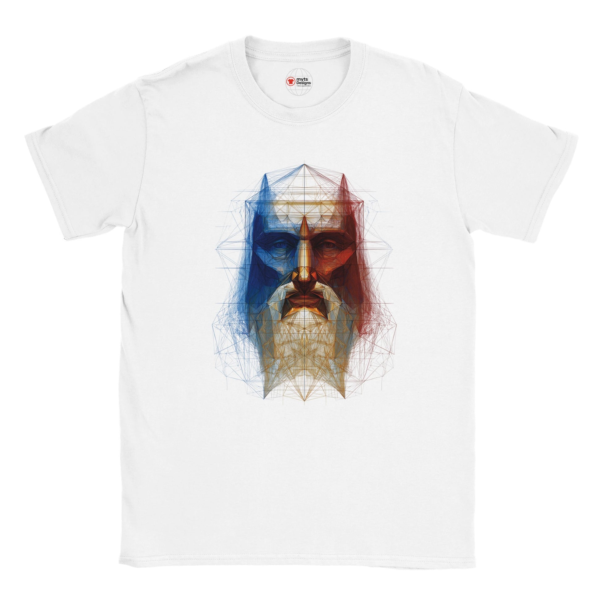 White t-shirt with a colorful geometric face design on a white background